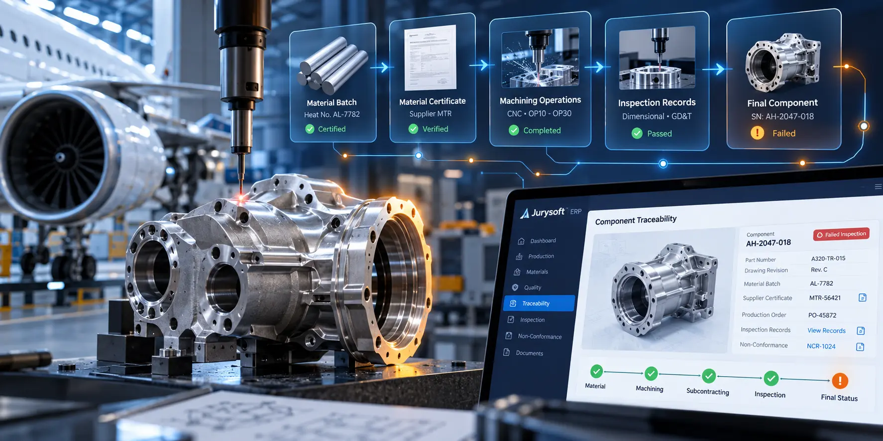 Discover how aerospace manufacturers can trace failed components to material batches, supplier certificates, machining operations, and inspection records.