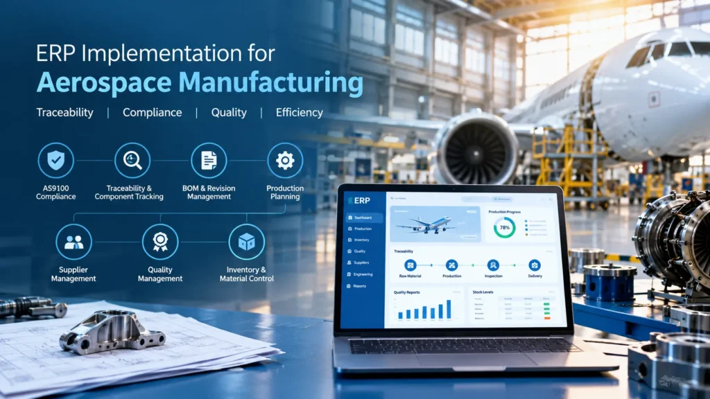 Explore Aerospace ERP implementation for traceability, AS9100 compliance, quality management, BOM control, production planning, and supplier management.