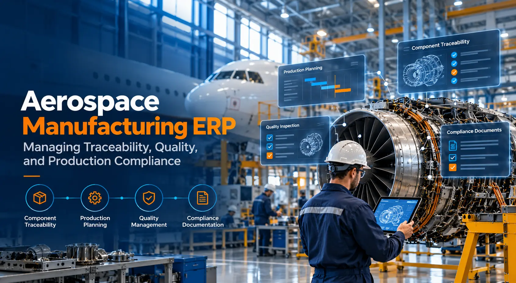 Learn how aerospace manufacturing ERP improves component traceability, production planning, quality management, and compliance documentation.