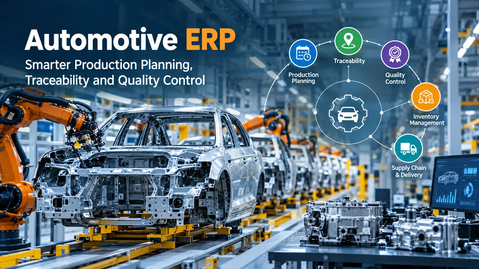 Discover how automotive ERP improves production planning, component traceability, quality control, and inventory management.