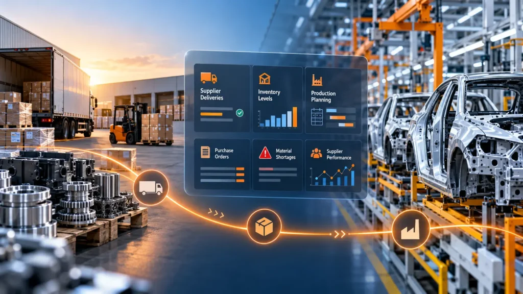Discover how supply chain ERP improves supplier coordination, inventory visibility, material planning, and delivery reliability for automotive manufacturers.