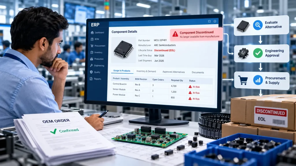 Learn how electronics manufacturing ERP helps OEMs manage obsolete components, BOM changes, material shortages, approved substitutions, and production delays.