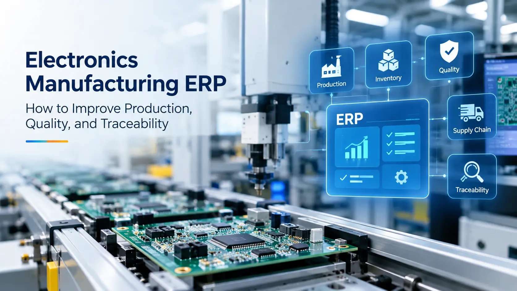 Discover how electronics manufacturing ERP improves production planning, component inventory, quality control, and traceability.