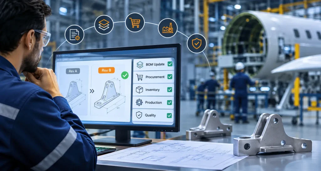 Manage engineering revisions with ERP. Improve BOM accuracy, inventory control, procurement coordination, production efficiency, and component traceability.