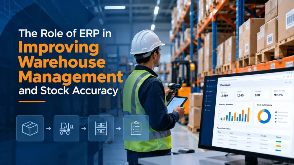 Discover how ERP warehouse management improves inventory tracking, stock accuracy, goods receipt, dispatch operations, and warehouse efficiency.
