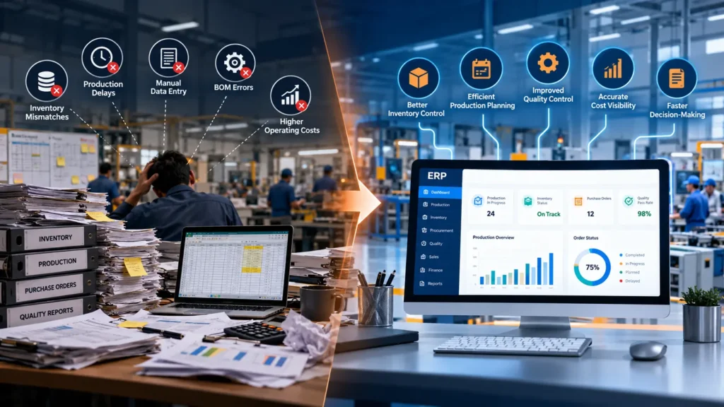 Discover the hidden costs of manual manufacturing processes and how ERP software for manufacturers improves inventory, production planning, and cost control.
