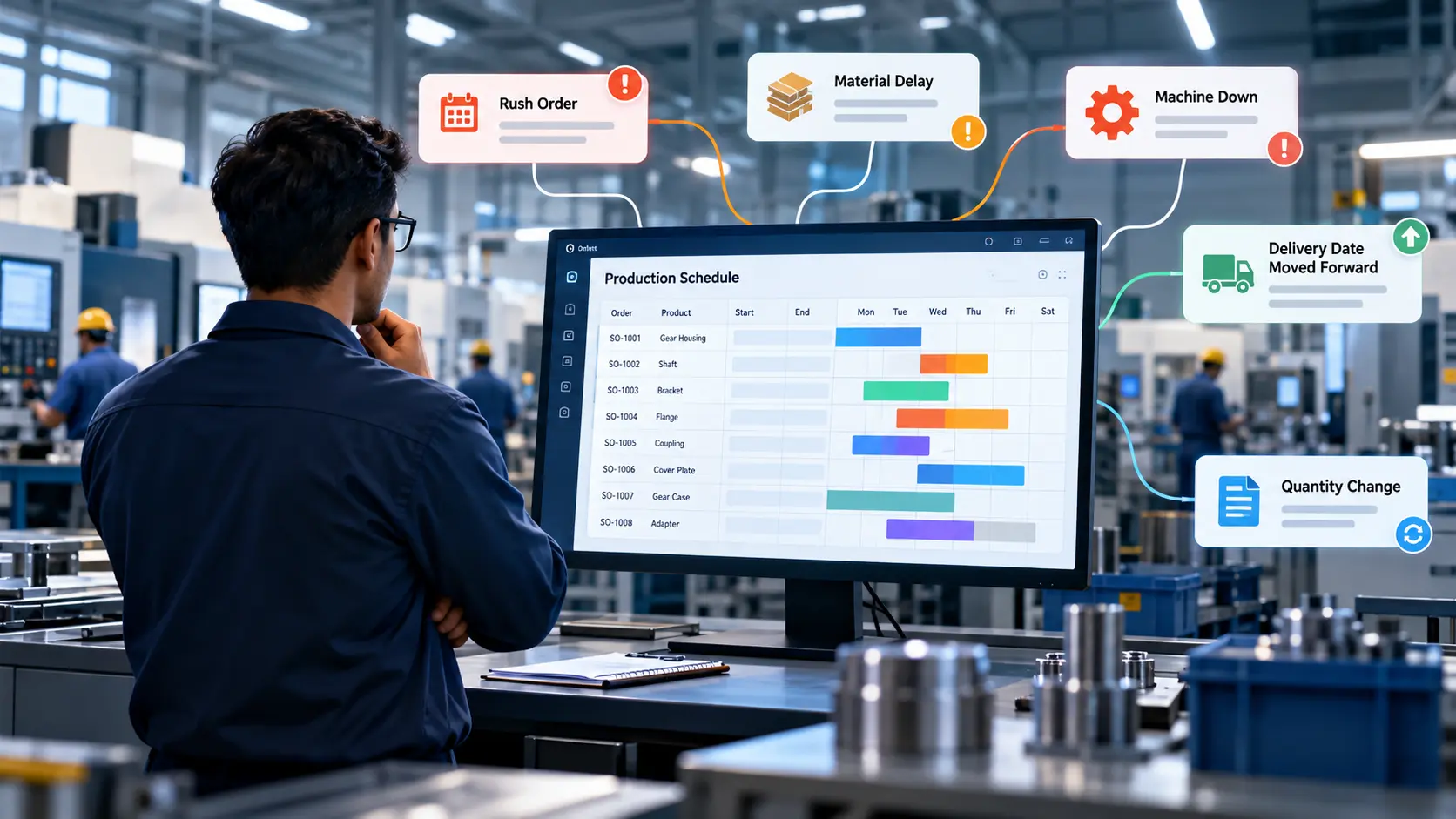 Discover how manufacturers manage changing orders, material delays, machine capacity, and production priorities using dynamic scheduling and connected ERP systems.