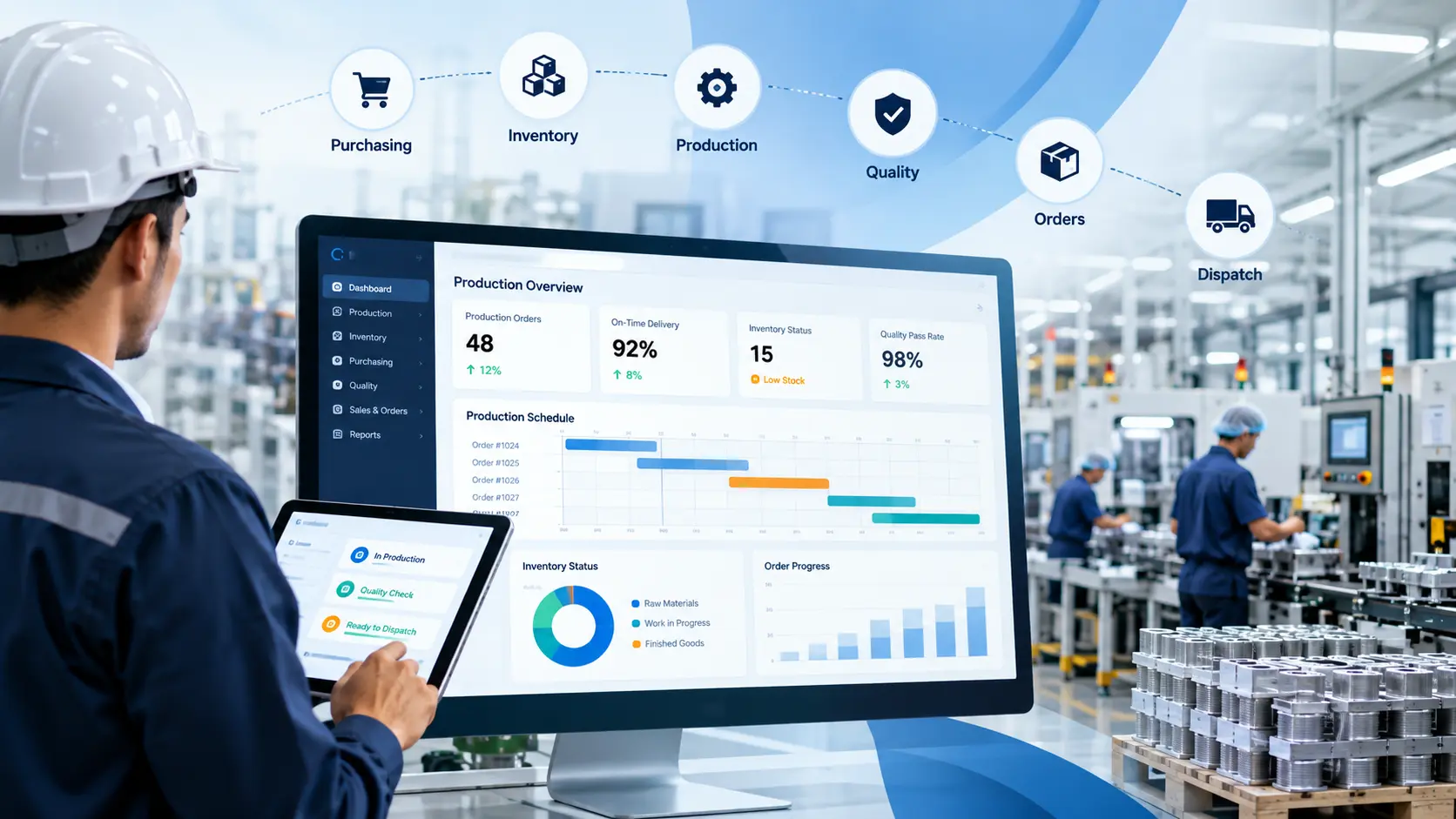Discover how manufacturing ERP improves production planning, inventory control, quality management, and on-time delivery.