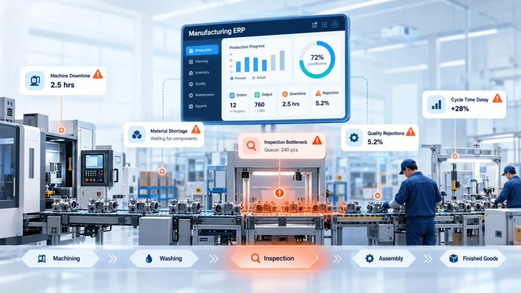 Learn how manufacturing ERP helps identify production bottlenecks using output, downtime, inventory, quality, and cycle-time data.