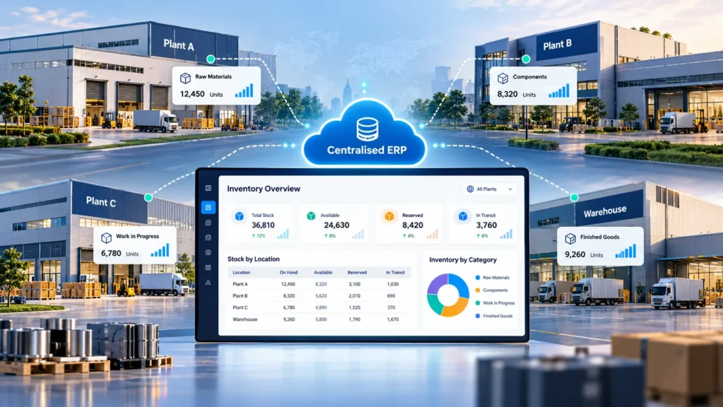 Explore how centralised manufacturing ERP improves multi-plant inventory visibility, stock transfers, purchasing decisions, and production planning.