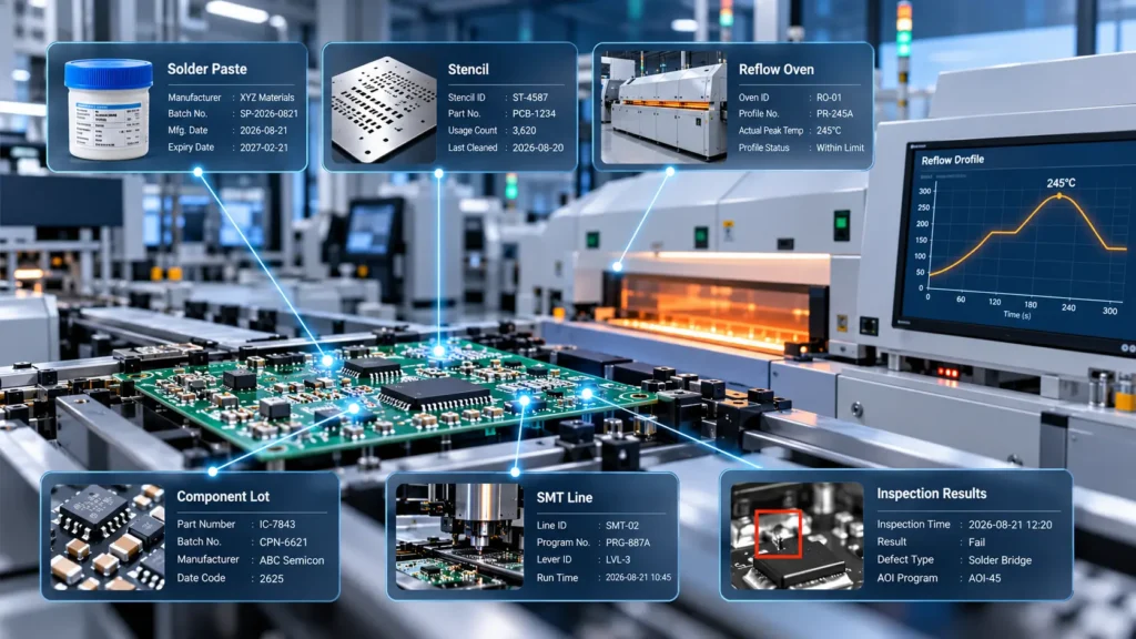 Learn how electronics manufacturers can trace PCB soldering defects to material batches, stencil usage, and reflow oven records.