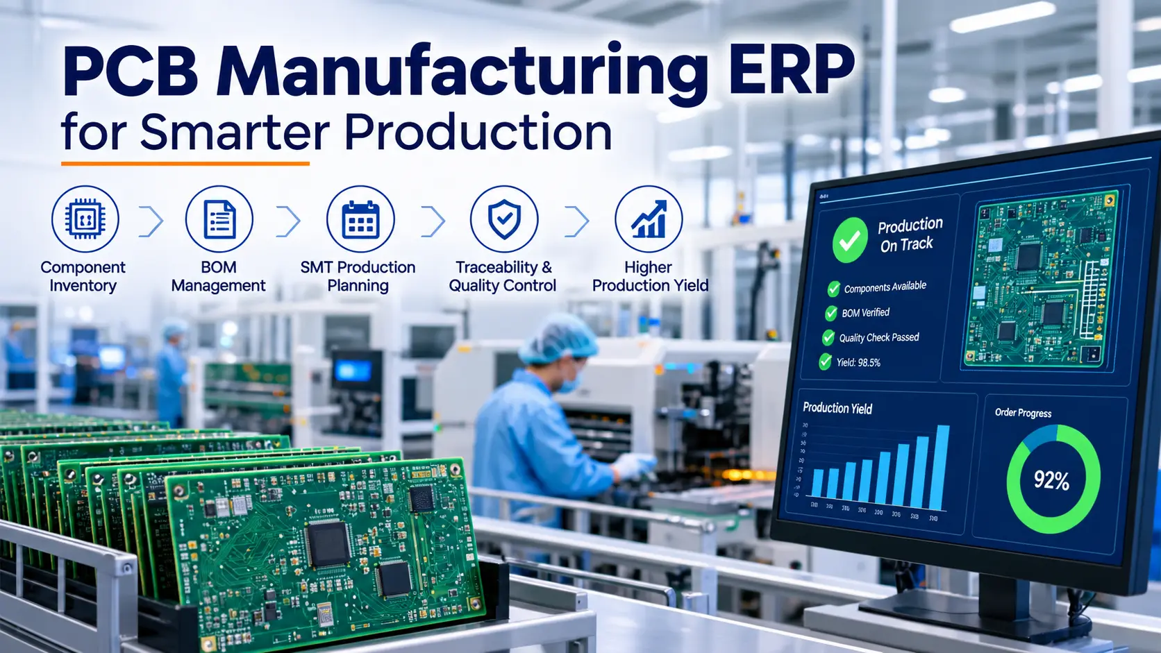 Discover how PCB Manufacturing ERP improves component inventory, BOM accuracy, SMT planning, traceability, quality control, and production yield.