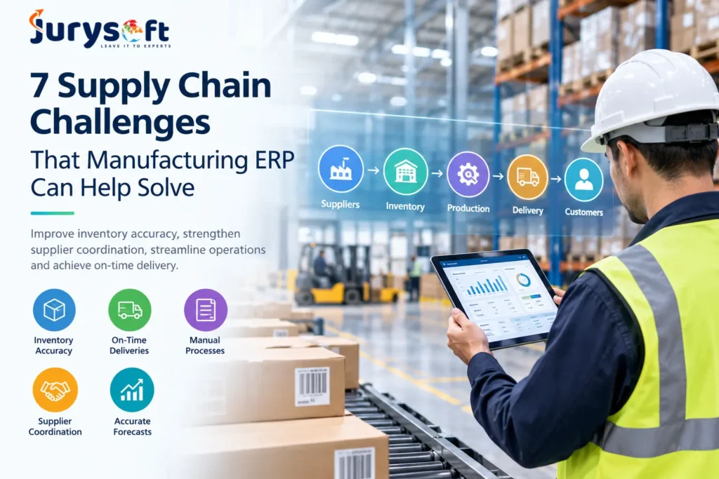 Discover 7 common manufacturing supply chain challenges and how ERP software improves inventory accuracy, supplier coordination & production planning